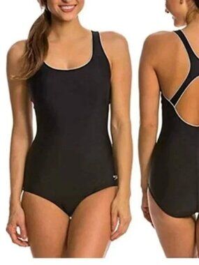 NWT Speedo One Piece Swimsuit Women's M Ultraback Moderate Leg Black White Lined